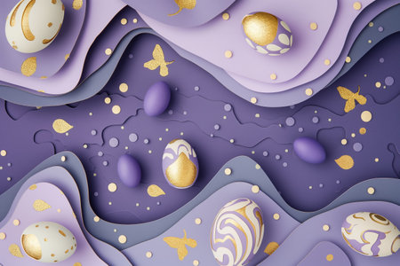 paper cut easter background. hand made easter composition from purple and gold paper.の素材