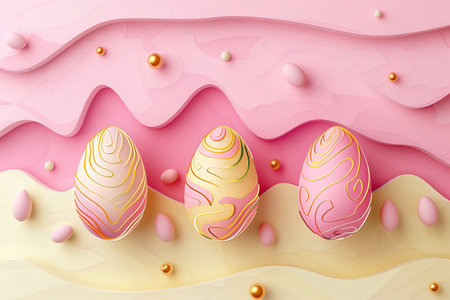 paper cut easter background. hand made easter composition from pink, white and gold paper.の素材