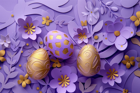 paper cut easter background. hand made easter composition with easter eggs and flowers from paper in lavender and golden colorsの素材