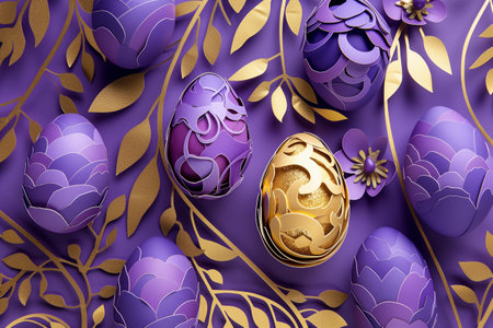 paper cut easter background. hand made easter composition with easter eggs and flowers from paper in lavender and golden colorsの素材