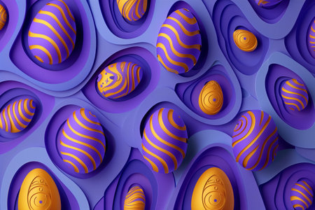 paper cut easter background. hand made easter composition from purple and gold paper.の素材