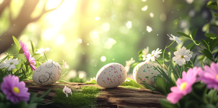 Easter greeting card with painted pastel colors Easter eggs on wood with flowers on blurred trees background. space for textの素材