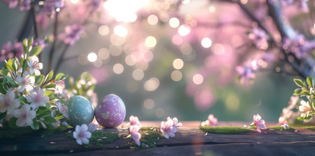 Easter greeting card with painted pastel colors Easter eggs on wood with flowers on blurred trees background. space for textの素材