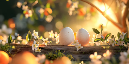 Easter greeting card with painted pastel colors Easter eggs on wood with flowers on blurred trees background. space for textの素材