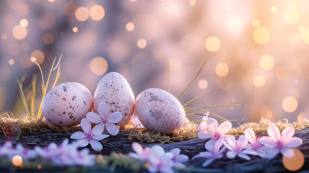 Easter greeting card with painted pastel colors Easter eggs on wood with flowers on blurred trees background. space for textの素材