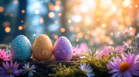 Easter greeting card with painted pastel colors Easter eggs on wood with flowers on blurred trees background. space for textの素材