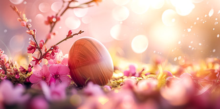 glossy bokeh style Easter egg with flowers pattern on fresh green with spring flowers. space for text. congratulation Easter backgroundの素材
