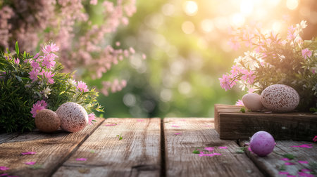 Easter greeting card with painted pastel colors Easter eggs on wood with flowers on blurred trees background. space for textの素材