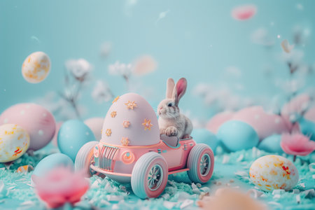 cute bunny with a toy car and Easter eggs on the nature. Easter greeting card concept.の素材