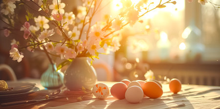 Easter table with colored Easter eggs indoor at home, Easter card. space for text.の素材