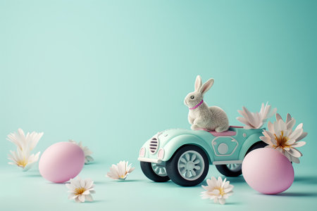 cute bunny with a toy car and Easter eggs on the nature. Easter greeting card concept.の素材