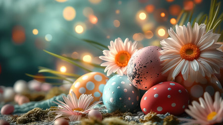 Easter card with Glossy colored painted eggs with and spring flower branches on blurred background. space for textの素材