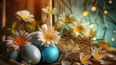 Easter card with Glossy colored painted eggs with and spring flower branches on blurred background. space for textの素材