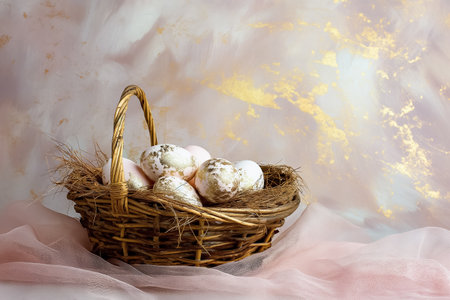 gold decorated white Easter eggs in wicker basket close-up on pink background. Easter card.の素材
