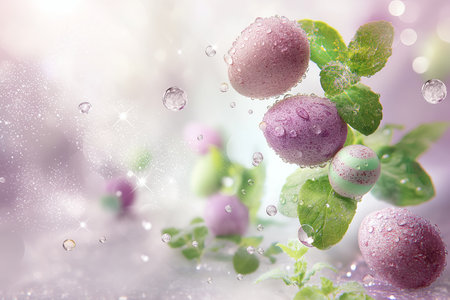 lavender Easter eggs, green leaves and water drops in levitation. empty space. easter banner.の素材
