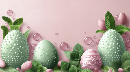 Easter eggs and green leaves and water drops against pink background with empty space. easter banner, copy space.の素材