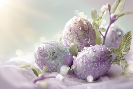 lavender Easter eggs, flowers, leaves and water drops against lavendery background. empty space. Easter bannerの素材