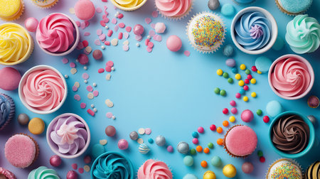 top view of various colorful sweets flat lay on light blue background. birthday or holiday. space for textの素材