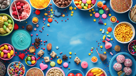 top view of various colorful sweets flat lay on light blue background. birthday or holiday. space for textの素材
