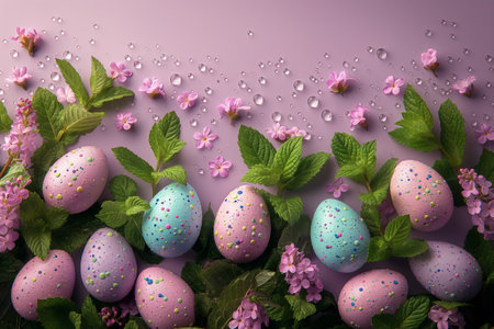 Easter eggs and green leaves and water drops against lavendery background with empty space. easter banner Top view with copy space.の素材