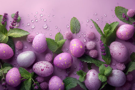 Easter eggs and green leaves and water drops against lavendery background with empty space. easter banner Top view with copy space.の素材