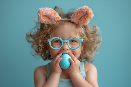 cute little girl with rabbit ears holds Easter eggs by the face on blue background, Easter holiday card with copy space.の素材