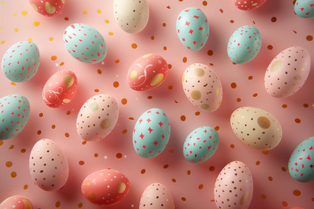 Easter card with pastel colors Easter eggs with gold decor on soft pink background. with speck, showcasing a creative arts and idea for easter decor, top viewの素材