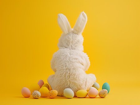 back view of little child in bunny costume and Easter eggs on yellow background, Easter holiday card with copy spaceの素材