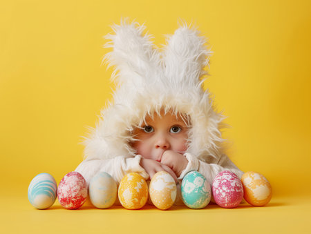 cute little child in bunny costume and Easter eggs on yellow background, Easter holiday card with copy spaceの素材
