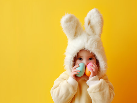 cute little child in bunny costume and Easter eggs on yellow background, Easter holiday card with copy spaceの素材