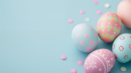 pastel pink blue colors Easter Eggs on side border over blue banner background. Copy space, top view.の素材