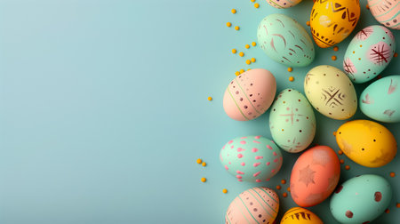 pastel colors Easter Eggs on side border over blue banner background. space for text, top view.の素材