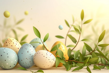 composition from Easter eggs with flower branches on soft pink background. easter card. free spaceの素材