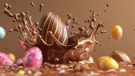 Chocolate eater eggs dropping into liquid chocolate.の素材