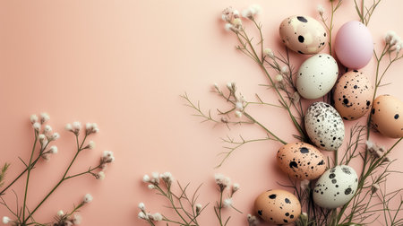 pastel colors Easter Eggs with floral branches on side border over soft pink background. space for text, top viewの素材