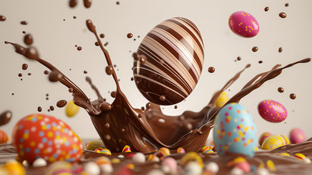 Chocolate eater eggs dropping into liquid chocolate.の素材