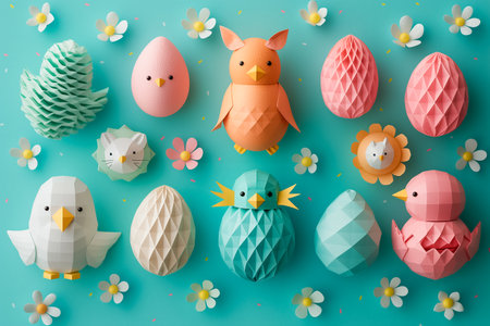 diy for Easter. handmade easter composition with easter eggs and flowers from paper in pastel colorsの素材