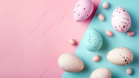 pastel pink blue colors Easter Eggs on side border over pink blue background. Copy space, top view.の素材