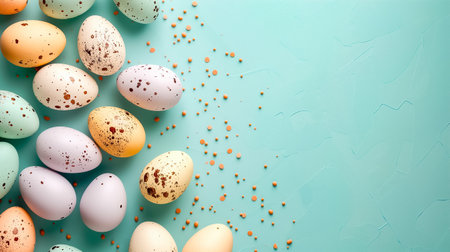 pastel colors Easter Eggs on side border over blue banner background. space for text, top view.の素材