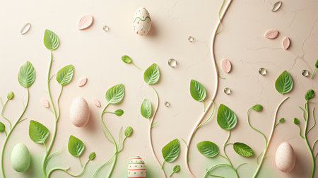 wall decor Easter eggs and green leaves against soft pink background.の素材