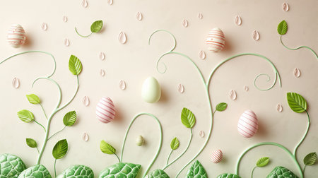 wall decor Easter eggs and green leaves against soft pink background.の素材