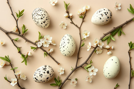 flat lay composition from Easter eggs with flower branches on soft pink background. easter card.の素材