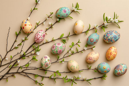 flat lay composition from Easter eggs with flower branches on soft pink background. easter card.の素材