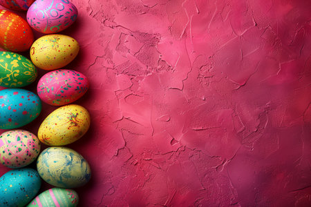 bright painted Easter Eggs on side border over pink background. Copy space, top view.の素材
