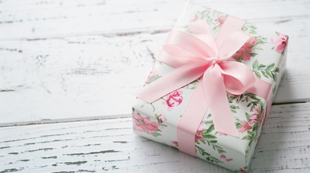 from above view of Floral pattern gift box tied with pink ribbon on wooden background.の素材
