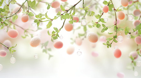 easter background with pastel pink color easter eggs blooming on tree branches with space for text.の素材