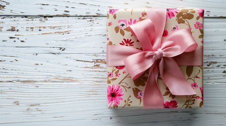 top view of Floral pattern gift box tied with pink ribbon on wooden background.の素材