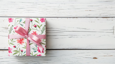 top view of Floral pattern gift box tied with pink ribbon on wooden background.の素材