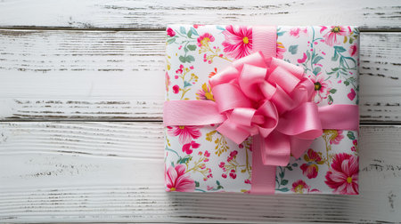 top view of Floral pattern gift box tied with pink ribbon on wooden background.の素材