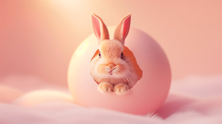 cute Easter rabbit crawling out of eggshell on pink background. Concept of happy easter day. space for text.の素材